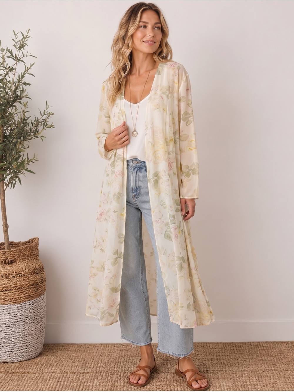 VINTAGE JBS Sheer Floral Duster Kimono Layering Top